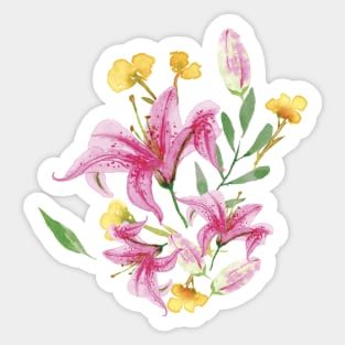 Hot Pink Watercolor Flowers and Leaves Sticker